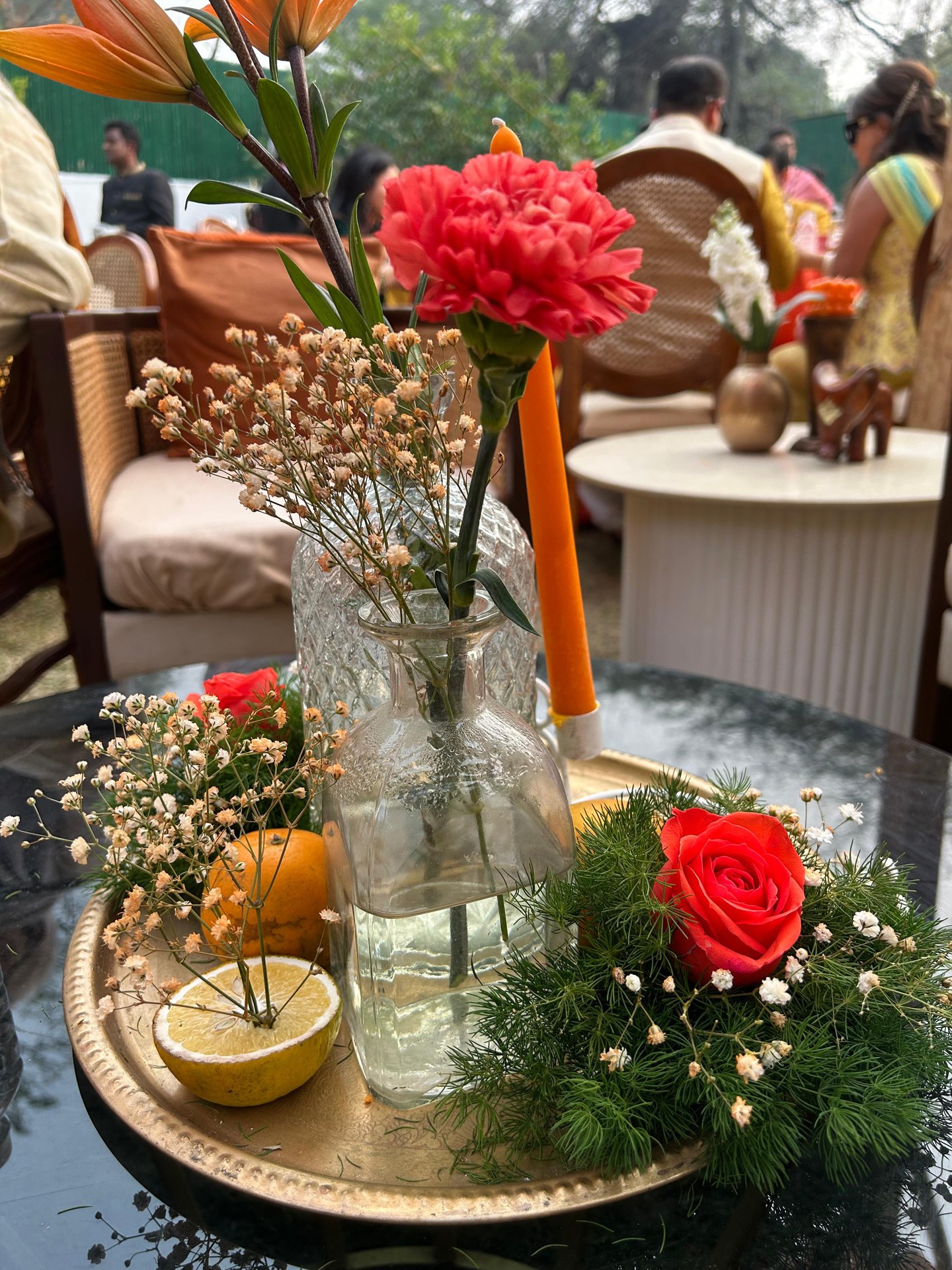 Floral table centrepiece at a day event